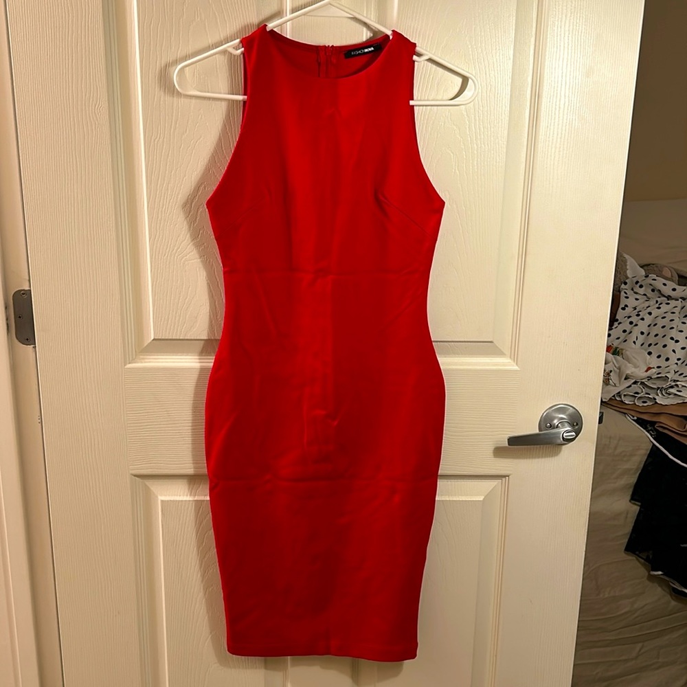 Red knee length slim dress